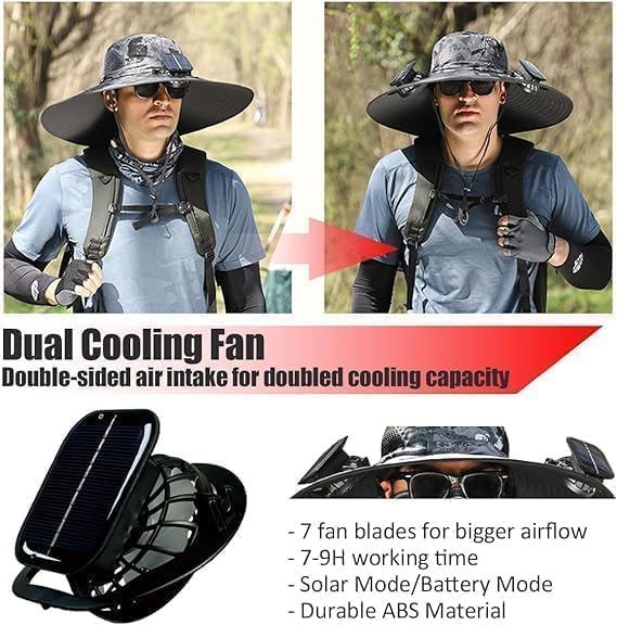Solar Fan Hat, Wide Brim Solar Powered Fan Hat for Men Women, UPF 50+ Fishing & Beach Sun Hat with Solar Powered Fans
