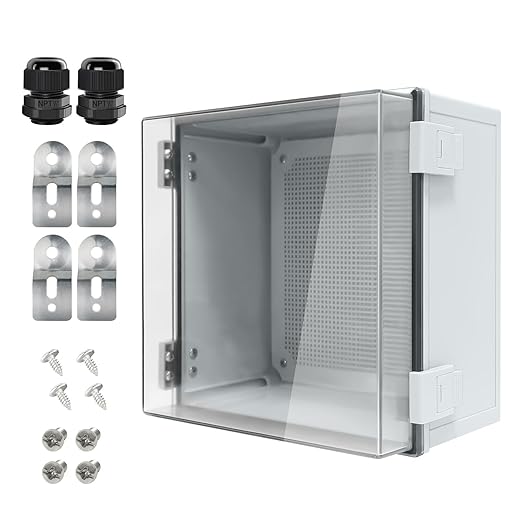 Junction Box IP65 Waterproof ABS Plastic Enclosure Hinged PC Clear Cover Electrical Project Box with Mounting Plate, Wall Brackets, Cable Glands 11.8" x 11.8" x 7.1"