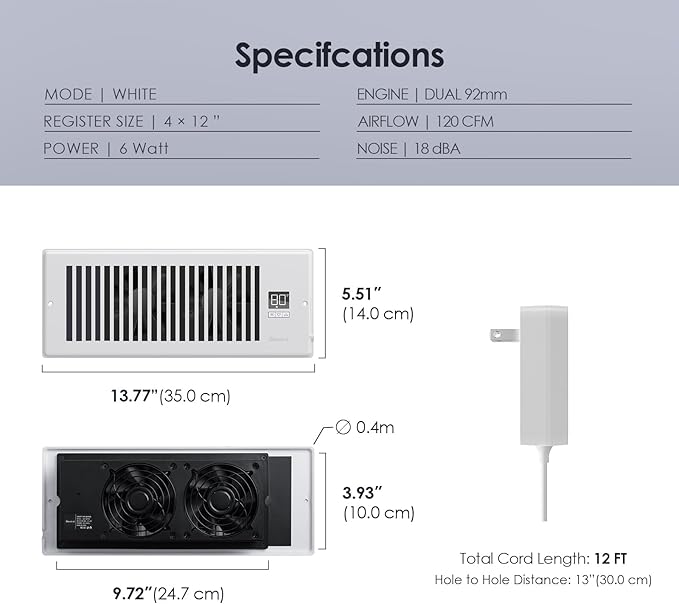 Quiet Register Booster Fan Fits 4" x 12" Register Holes, 10-Speed Smart Heating Cooling AC Vent Fan with Remote Control and Thermostat Control - White
