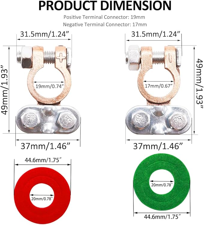 Tnisesm 1Pair Battery Terminal Set with Anti-Corrosion Washers, Positive Negative Battery Terminals Connectors Clamps for Boat Yacht Camper Truck Car Vehicle DT-7
