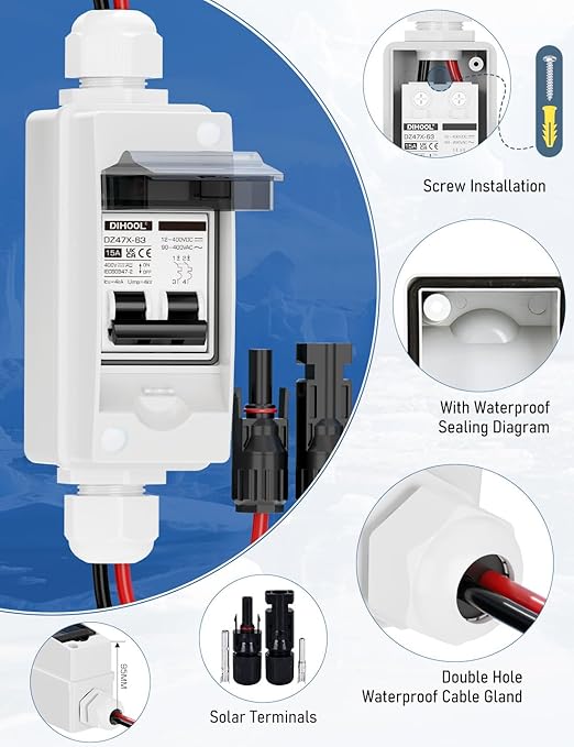 DIHOOL DC Circuit Breaker, Non Polarized, 15 Amp, 2 Pole, 12V-400V, AC DC Disconnect Switch Box Outdoor, Battery Cutoff Isolator, PV Array MCB