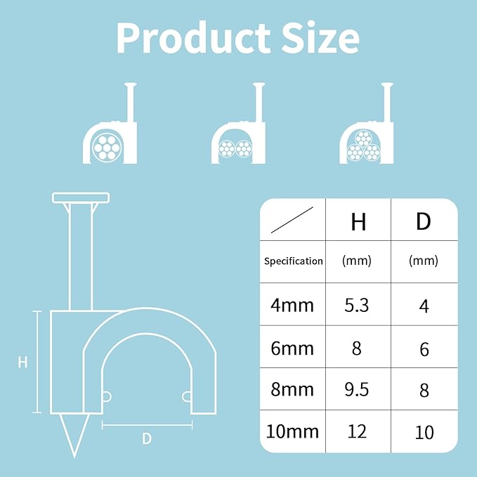 Cable Clips, 400 Pcs, 4mm 6mm 8mm 10mm, Wire Wall Clips with Steel Nails, Cable Management Organizer Clip, Cable Tacks Coax Holder Clip, RG6 RG59 CAT6 RJ45 Cable Cord Staples, Black
