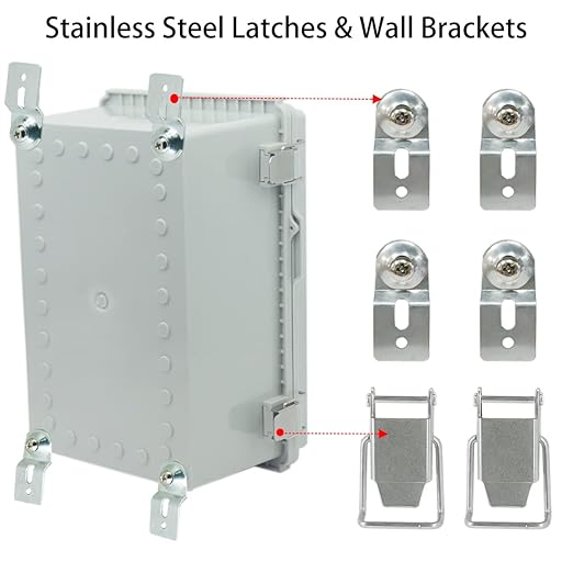 Junction Box, Hinged Cover Stainless Steel Latch IP67 Waterproof ABS Project Box with 2 Cable Glands, Electrical Box Enclosure with Mounting Plate & Wall Bracket 11 x 7.5 x 5.5inch