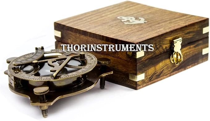 THOR INSTRUMENTS 5" Triangular Nautical Sundial Compass with Level Meter, Encased in Genuine Rosewood Anchor Inlaid Case, Maritime Decor Gift