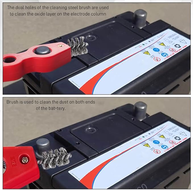 4 in 1 Car Battery Cleaning Brush, Battery Terminal Cleaner, Anti-Rust Auto Battery Cleaner with Steel Wire, Car Accessories Vehicle Machine Parts Clean Tools for Most Vehicles (Red)