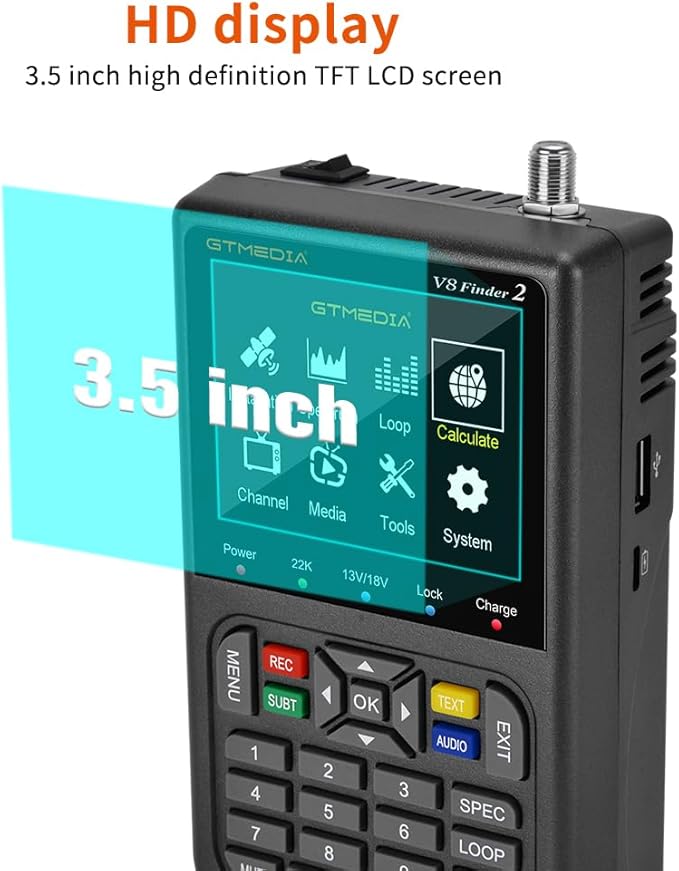 GT Media V8 Finder2 Satellite Finder Digital FTA DVB-S/S2/S2X Signal Measuring Meter Detector Receiver LCD Screen for Adjusting Sat TV Dish with Backpack