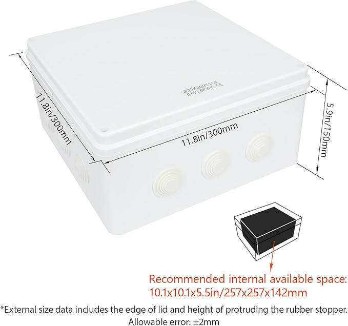LeMotech Junction Box, ABS Plastic IP65 Waterproof and Dustproof, Universal Electrical Enclosure, Outdoor and Indoor Project Box 11.8X 11.8X 5.9 inch (300 x 300 x 150 mm)