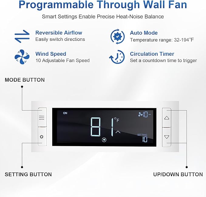 8" Room to Room Air Transfer Fan for Quietly Circulating Air, Reversible Airflow Design, 320 CFM Programmable Through Wall Fan, Durable Build Quality, 10 Speed Thru Wall Exhaust Fan for Closet,Laundry