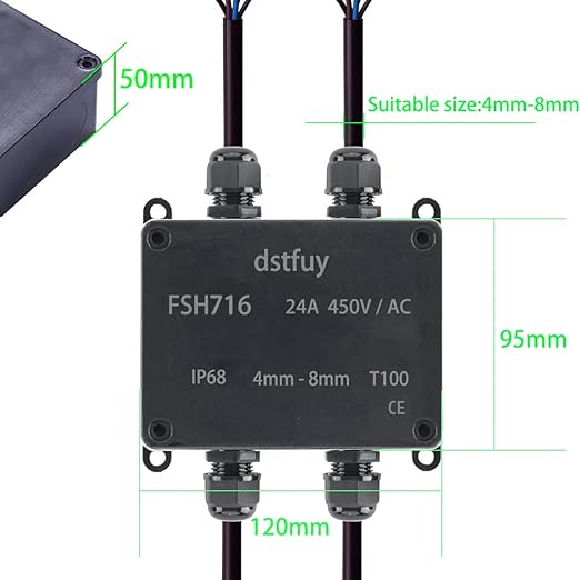 Waterproof IP68 Electrical Box with 24A Barrier Terminals, ABS Plastic, Black, Includes Junction Box, Rubber Grommet, Screws, PG9 Cable Glands, Terminal Block