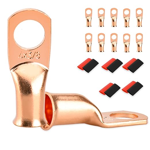10 PCS Battery Terminal Connectors, Battery Cable Ends Lugs, 4 Gauge Wire Connectors, 4 AWG 3/8" Stud Ring Terminals, Copper Wire Lugs with Heat Shrink Tubing.