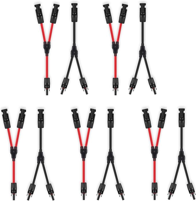 5 Pairs Solar Connectors Y Branch Parallel Adapters 10AWG Cable for Solar Panel (Red & Black)
