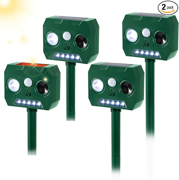Solar Ultrasonic Animal Repellent Outdoor, 2 Pack Cat Squirrel Raccoon Bird Dog Deer Repellent Devices with PIR Motion Sensor ＆ LED Flash, Waterproof Animal Deterrent for Garden Yard Farm