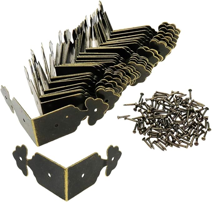 Geesatis 30 Pcs Corner Protector Box Edge Cover Brackets Right Angle Vintage Flower Pattern Decorative Corner Brackets, Bronze Tone, 1.5 x 0.7 inch
