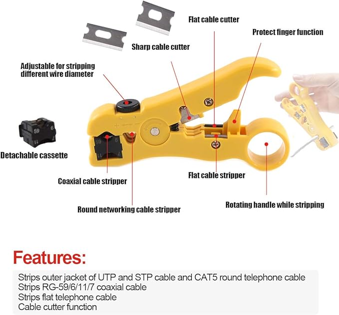 Hilitchi 5 in 1 Coaxial Compression Tool with Instruction Manual Coax Cable Crimper Cable Stripper RG6 RG59 RG11 75-5 75-7 Screwdriver and Micro Cutter with 10 PCS F Compression Connectors Blue RG6