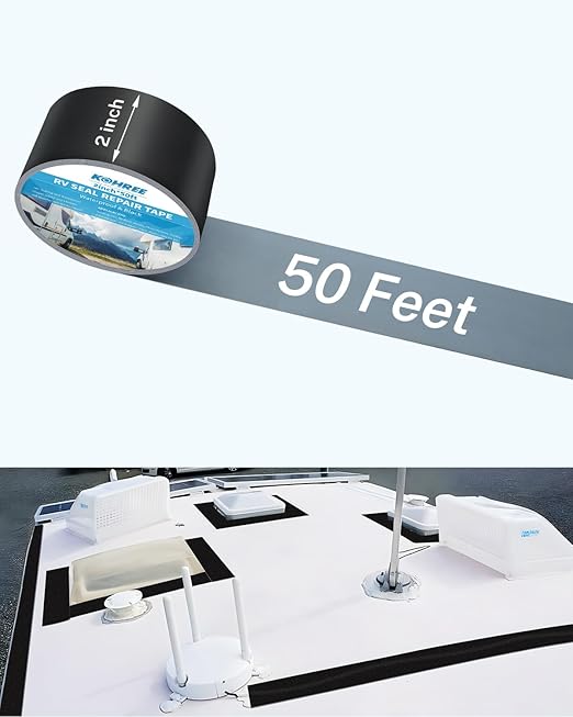 Kohree RV Sealant Tape, 2 Inch x 50 Foot RV Roof Tape Black, UV & Weatherproof Butyl Sealant Roofing Tape for RV Repair, Window, Boat Sealing, Truck Stop Camper Roof Leaks