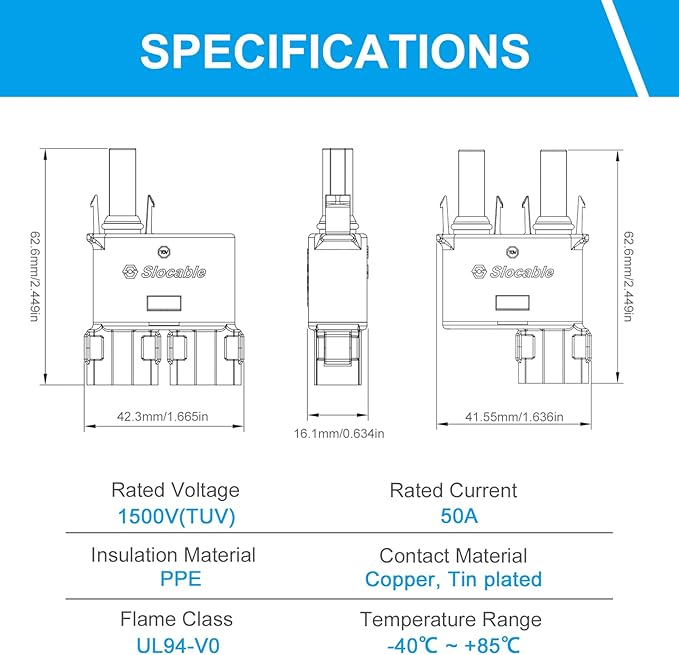 Solar Branch Connector, Y Connector IP68 50A 1500V Solid Copper Terminal, MMF+MFF for Parallel Connection Between Solar Panels