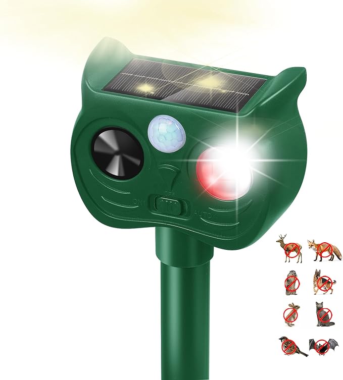 Solar Ultrasonic Animal Repellent Outdoor Motion Sensor Deer Repellent Devices Squirrel Cat Raccoon Rabbit Deterrent with Strobe Light Dual Mode, Keep Skunk Away Protection for Yard Garden Lawn 1PC