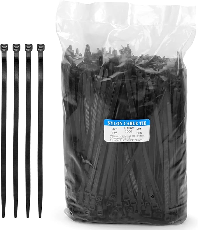 8 Inch Heavy Duty Black Zip Ties 75 lbs, 1000 Pack Cable Ties UV Resistant Industrial Self Locking 8" Zipties Bulk Nylon Wire Tie Wraps Workshop Camping Outdoor Use, Zcpotizi