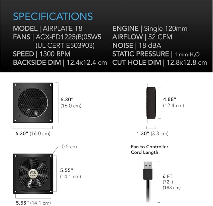 AC Infinity AIRPLATE T8, Quiet Cooling Dual-Fan System 6" with Thermostat Control, for Home Theater AV Cabinets
