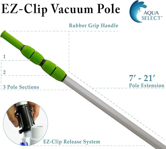 Aqua Select 7-21 Foot Telescoping Pool Vacuum Pole | Heavy Duty Aluminum Pole for Leaf Skimmers, Pool Brushes and Vacuum Heads | Expandable Swimming Pool Pole