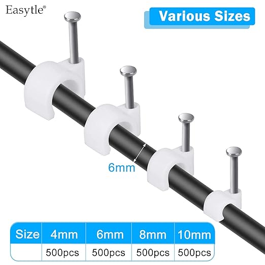 Cable Wire Clips 4mm 6mm 8mm 10mm Cable Management RG6 RG59 CAT5 CAT6 RJ45 Electrical Ethernet Dish TV Speaker Wire Cord Tie Holder Single Coaxial Nail Clamps(Pack of 2000)