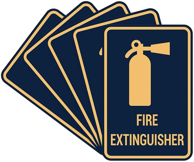Signs ByLITA Portrait Round Fire Extinguisher Sign with Adhesive Tape, Mounts On Any Flat Surface (Navy Blue/Gold) - Small (5 Pack)
