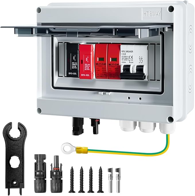 600V Solar DC PV Combiner Box, 1 String with Lightning Arrester Connector for On/Off Grid Solar Panel System, 1 Input 1 Out 32A Fuse, 63A Circuit Breaker, Waterproof ABS Enclosure