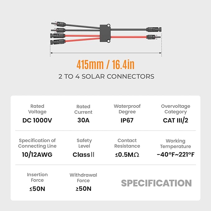 Solar Panel Connector 4 to 2 Solar Y Branch Connectors PV Panels Parallel Connectors Kit Adapter Waterproof Wire Plug Tool for Solar Panel(2 Pcak MF/FFMM)