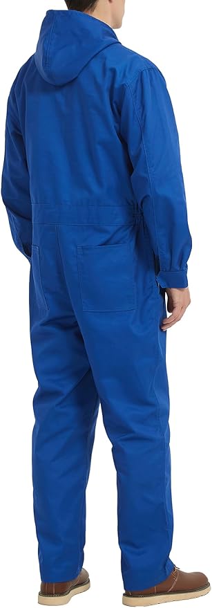 Mens Cotton Blend Long Sleeve Coverall Multi Pockets Zip Overall Mechanic Work Jumpsuit with Hood