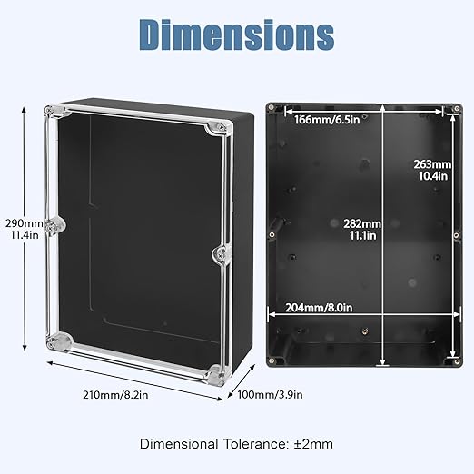 LeMotech Electrical Box Clear Cover Project Box IP65 Waterproof Junction Box ABS Plastic Case Universal Enclosure for Electronics, Black 11.4"x 8.2"x 3.9"(290x210x100mm)(Pack of 1)