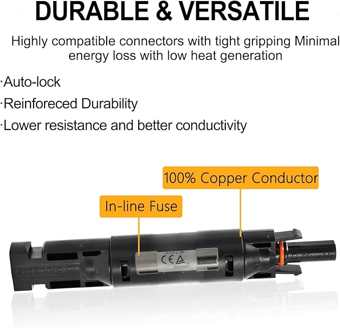 Solar Fuse Holder Inline Connector 20A, 1000VDC IP68 Waterproof in-line Fuse, for Solar Photovoltaic System, with 10X38mm Fuse (20A)