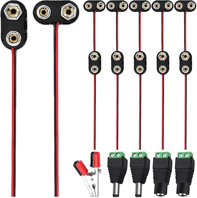 12Pcs 9v Battery Connector Clip with UL1007 24AWG Leads Wires,I-Type/T-Type Plastic Housing Pigtail Snap with Alligator Clips,2.1mm X 5.5mm DC Male/Female Power Plug,for Arduino Led Light