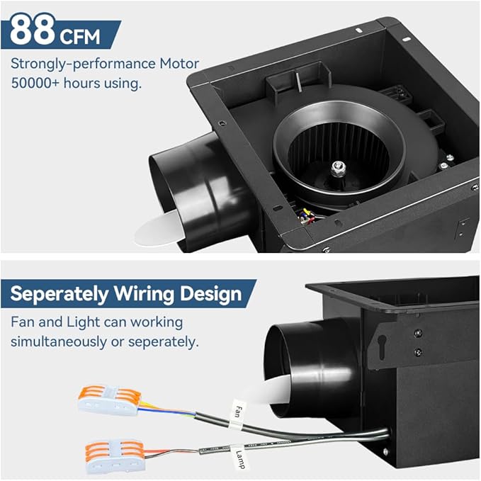 Bathroom Exhaust Fan with Light 88CFM 1.0 Sone, Quiet 28W Bath Shower Fan 3CCT Color LED Light Adjustable 8 x 8 inch Extractor Vent for Bathroom White