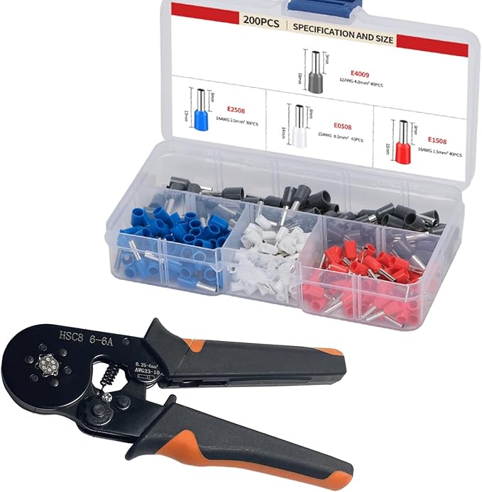 201PCS Ferrule Crimping Tool Kit, AWG23-10 Self-adjustable Ratchet Wire Crimping Tool Kit Crimper Plier Set with 200PCS Wire Terminals Crimping Connectors Wire End Ferrules Terminals