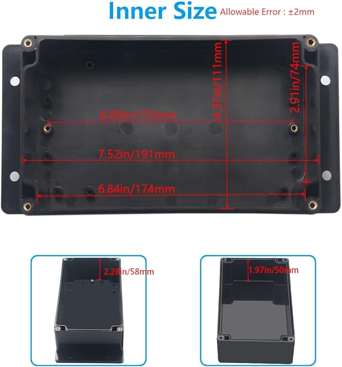 Project Box ABS Black Electrical Boxes IP67 Outdoor Waterproof Junction Box Electronic with Mounting Ears Includes Cable Glands for DIY Project 7.9 x 4.7 x 3 inch (200x120x75mm)
