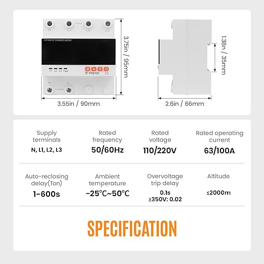 Automatic Transfer Switch 120V 240V 100Amp Transferencia Automática Adjustable Overcurrent Overvoltage Undervoltage Protection Voltage Cutoff for Power Generator Inverter RV(4P 100A)