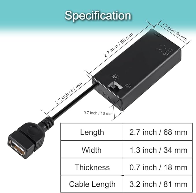 5 PCS 2 AA Battery Box Holder with USB Female Cable Socket 2 AA Power Supply Battery Case Box with ON-Off Switch, for Mini Fan Light, Toy RC Car, LED Strip
