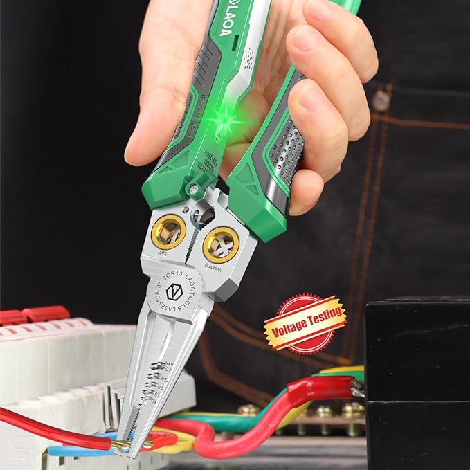 LAOA 8-in-1 Rechargeable Electrician Pliers with Voltage Tester, USB-C Charging – AC/DC 12-250V Non-Contact Detector, Wire Stripper/Cutter/Splitter for Electrical, HVAC, Automotive