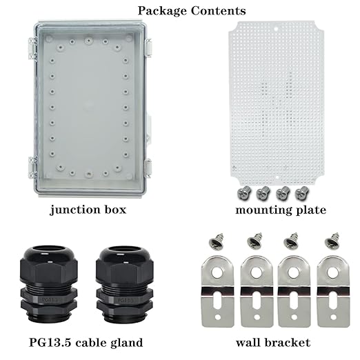 Zulkit Junction Box,IP67 Waterproof Electrical Box Hinged Clear Cover Stainless Steel Buckle Plastic Enclosure for Project w Mounting Plate Wall Bracket and 2 Cable Gland 10.2 x 6.3 x 3.9 Inch