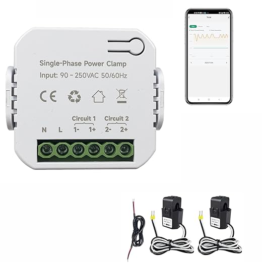 Energy Monitor, Home Smart Single Phase Clamp Electricity Meter with 2 * 120ACT Current Transformer, WiFi, Real-Time Electricity Monitor/Meter, Solar/Network Metering