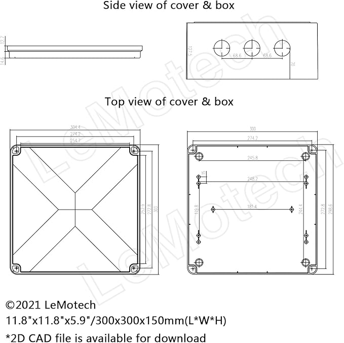 LeMotech Junction Box, ABS Plastic IP65 Waterproof and Dustproof, Universal Electrical Enclosure, Outdoor and Indoor Project Box 11.8X 11.8X 5.9 inch (300 x 300 x 150 mm)