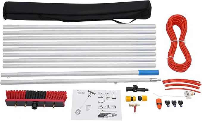 Outdoor Window Cleaning Pole Kit, Water Fed Telescopic Brush, Solar Panel Cleaner Brush & Squeegee, High Reach Cleaning Tool,for Roof Window and Trucks (10m/32.81ft Pole)