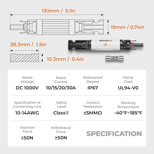 15A Solar Panel Fuse Holder 1000V with PV Fuse Inline Connector 15Amp for Solar System, Ready to Plug IP67 Waterproof 5 PCS