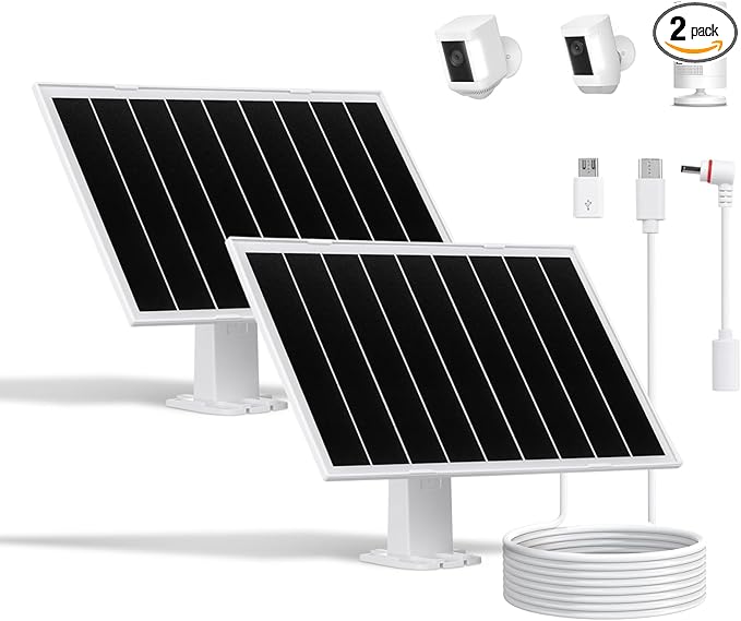 8W Solar Panel for Security Camera, Waterproof Outdoor Solar Charger with USB-C&DC&Micro USB Port for Ring/Wyze Rechargeable Battery Camera, 9.5ft Cable, 360° Adjustable Bracket（2 Pack）