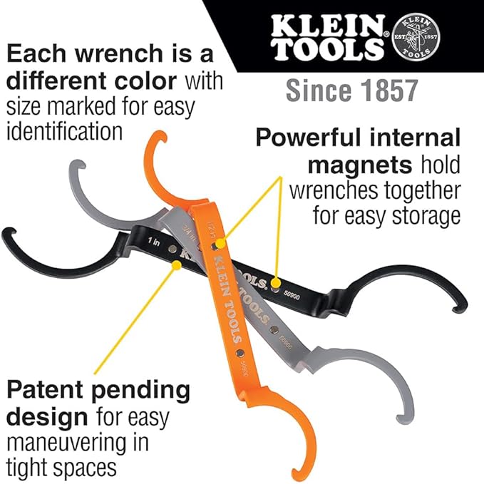 KLEIN TOOLS 50900R Conduit Locknut Wrench Set, Tighten and Loosen Locknuts in Tight Spaces, 1/2, 3/4 and 1-Inch, Offset Bends, 3-Piece