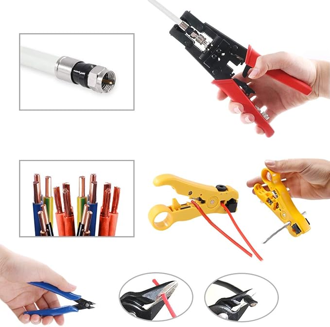 Hilitchi Coax Cable Crimper with Instruction Manual Multifunctional Compression Connector Adjustable Coaxial Crimping Stripping Tool and Micro Cutter with 10Pcs F Compression Connectors Black RG6