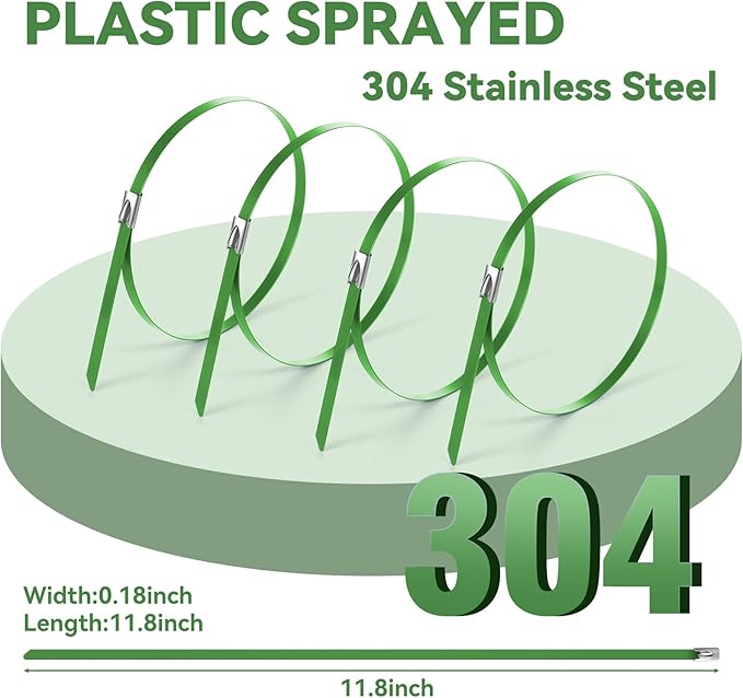 Green Metal Zip Ties Heavy Duty 11.8 inch for Outdoor Use, Stainless Steel Epoxy Coated Cable Chain Link Fence Zip Ties, Durable Metal Wire Ties Strap UV Resistant
