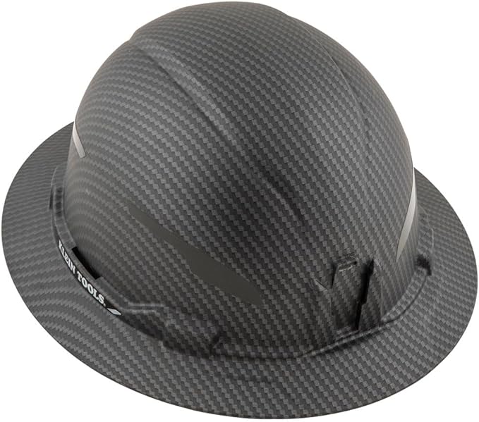 Klein Tools Hard Hat, Non-Vented Full Brim, Premium KARBN Pattern, Class E, Tested up to 20kV, Padded Sweat-Wicking Sweatband, Top Pad