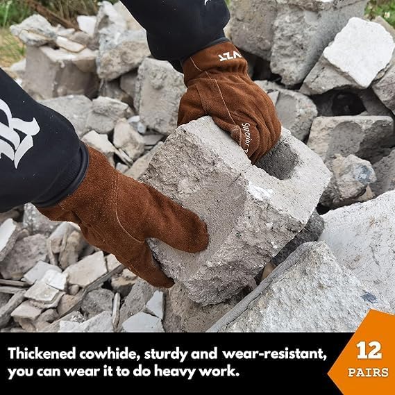 12 Pairs Bulk Leather Work Gloves for Men or Women for Construction, Farm, Ranch, Woodworker, Soft, Keep warm，Cowhide Thickened, Water Resistant, Brown, L