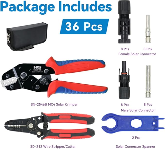 HKS Solar PV Panel Crimping Tool Kit with Crimper Stripper and 8 Pairs Solar connectors and 1Pair Solar Connector Spanner Wrench, Crimper Tool for Solar Cable AWG14-10,2.5/4/6mm²